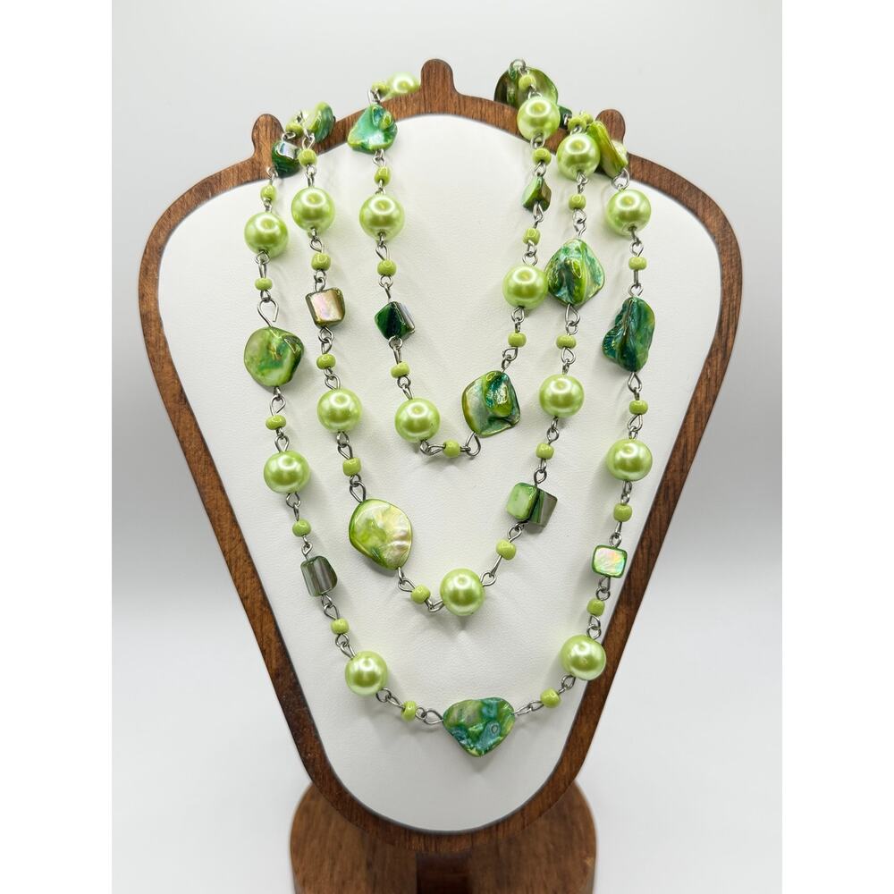 LONG OLIVE GREEN Endless Beaded Layering Strand 32.5” Drop Necklace